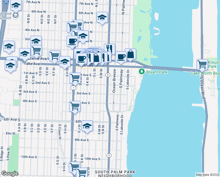 map of restaurants, bars, coffee shops, grocery stores, and more near 215 South Federal Highway in Lake Worth