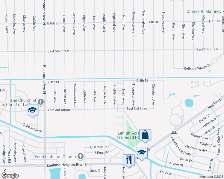 map of restaurants, bars, coffee shops, grocery stores, and more near 317 Highland Avenue in Lehigh Acres