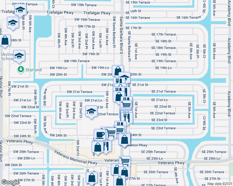 map of restaurants, bars, coffee shops, grocery stores, and more near 2117 Southwest Santa Barbara Place in Cape Coral