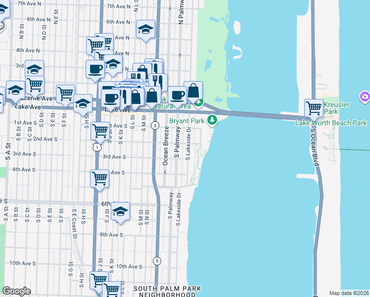 map of restaurants, bars, coffee shops, grocery stores, and more near 206 South Palmway in Lake Worth