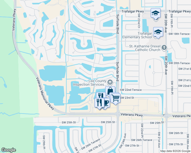 map of restaurants, bars, coffee shops, grocery stores, and more near 2454 Blackburn Circle in Cape Coral