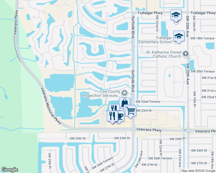 map of restaurants, bars, coffee shops, grocery stores, and more near 2456 Blackburn Circle in Cape Coral