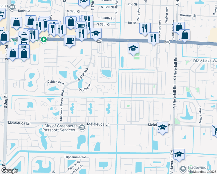 map of restaurants, bars, coffee shops, grocery stores, and more near 804 8th Lane in Greenacres