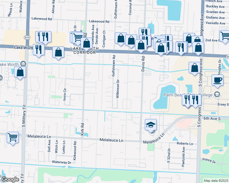 map of restaurants, bars, coffee shops, grocery stores, and more near 4340 Gulfstream Road in Lake Worth