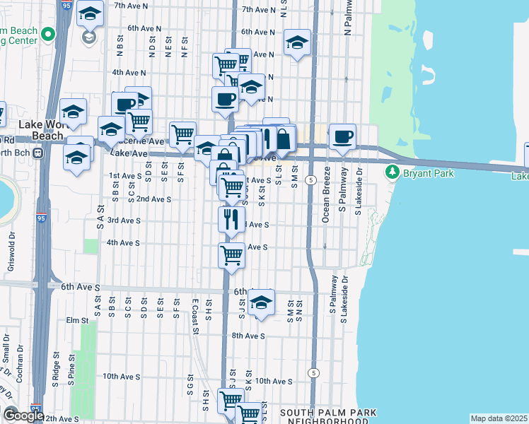 map of restaurants, bars, coffee shops, grocery stores, and more near 216 South K Street in Lake Worth