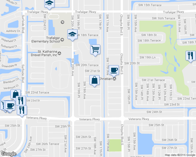 map of restaurants, bars, coffee shops, grocery stores, and more near 1726 Southwest 21st Terrace in Cape Coral