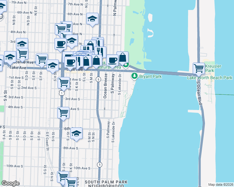map of restaurants, bars, coffee shops, grocery stores, and more near 206 South Palmway in Lake Worth