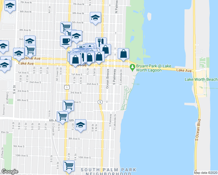 map of restaurants, bars, coffee shops, grocery stores, and more near 215 South Federal Highway in Lake Worth