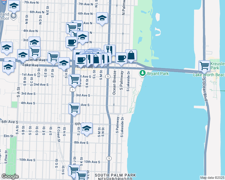 map of restaurants, bars, coffee shops, grocery stores, and more near 215 South Federal Highway in Lake Worth