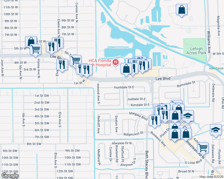 map of restaurants, bars, coffee shops, grocery stores, and more near 1510 Huntdale Street in Lehigh Acres