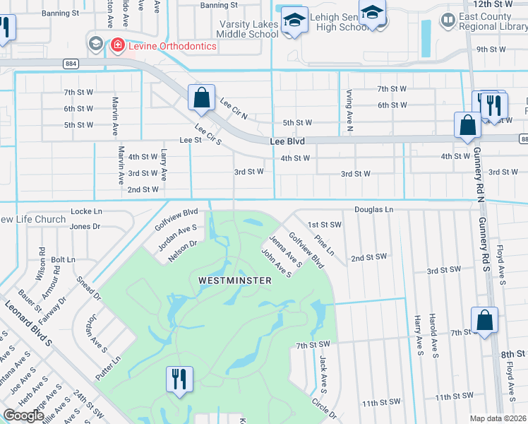 map of restaurants, bars, coffee shops, grocery stores, and more near 4720 Golfview Boulevard in Lehigh Acres