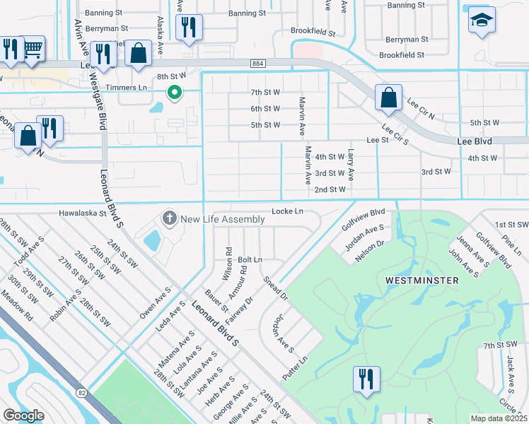 map of restaurants, bars, coffee shops, grocery stores, and more near 5048 Locke Lane in Lehigh Acres