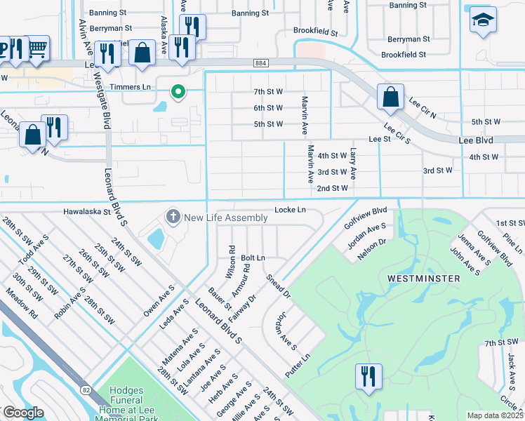 map of restaurants, bars, coffee shops, grocery stores, and more near 5048 Locke Lane in Lehigh Acres