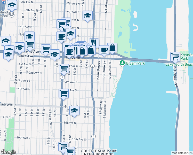 map of restaurants, bars, coffee shops, grocery stores, and more near 215 South Federal Highway in Lake Worth
