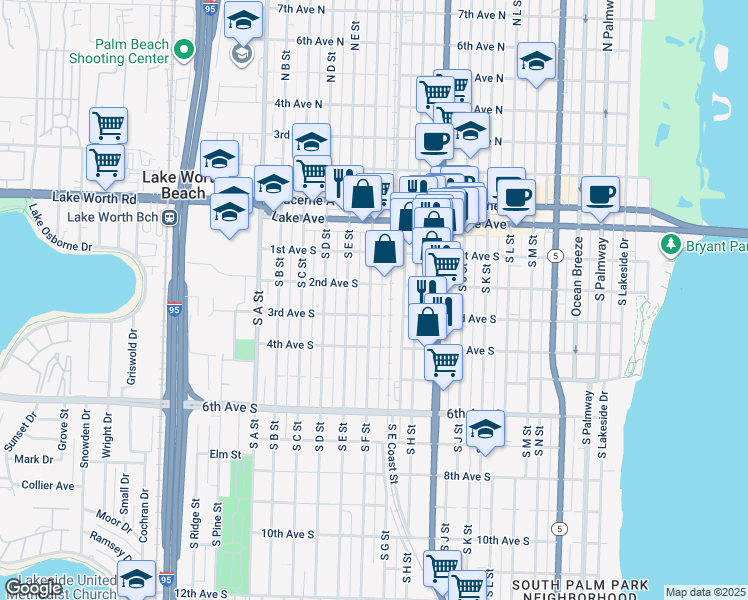 map of restaurants, bars, coffee shops, grocery stores, and more near 101 Southeast Coast Street in Lake Worth
