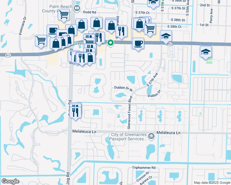 map of restaurants, bars, coffee shops, grocery stores, and more near 2311 23rd Lane in Greenacres