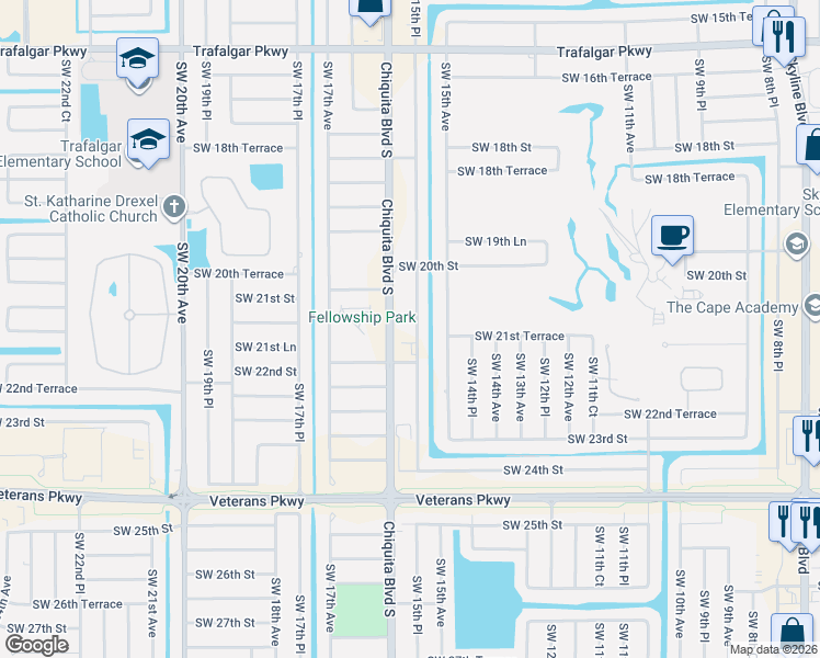 map of restaurants, bars, coffee shops, grocery stores, and more near 2112 Southwest 15th Place in Cape Coral