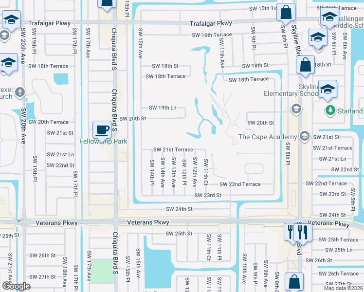 map of restaurants, bars, coffee shops, grocery stores, and more near 1229 Southwest 21st Terrace in Cape Coral