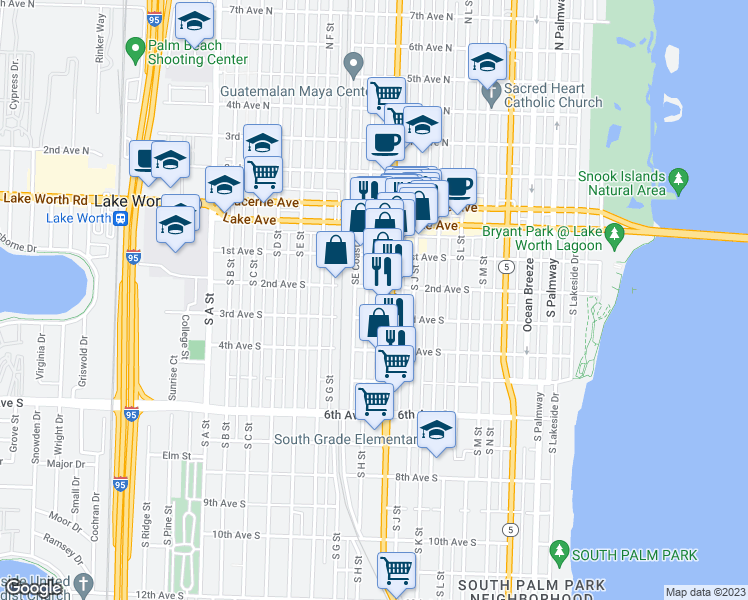 map of restaurants, bars, coffee shops, grocery stores, and more near 214 South H Street in Lake Worth