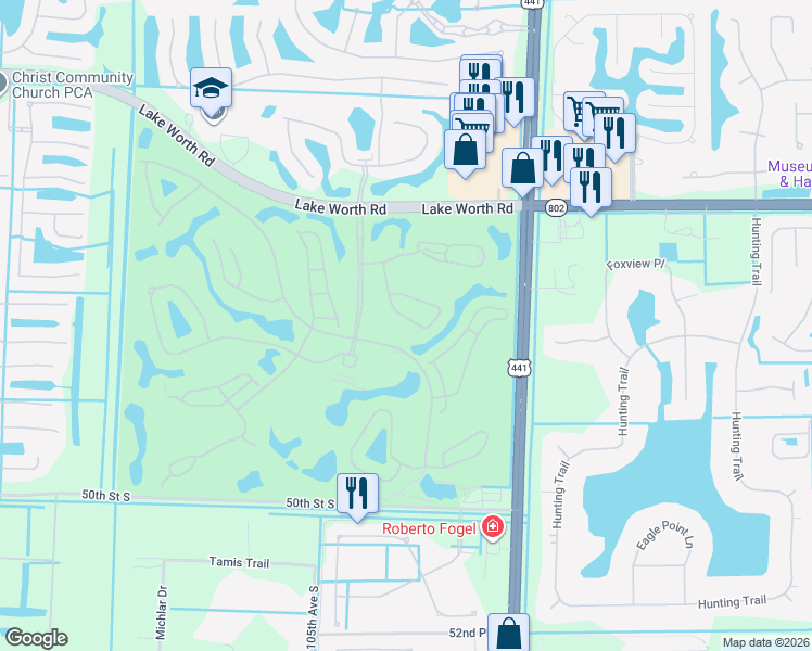 map of restaurants, bars, coffee shops, grocery stores, and more near 4465 Barclay Fair Way in Lake Worth