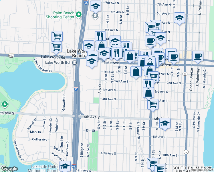 map of restaurants, bars, coffee shops, grocery stores, and more near 216 South B Street in Lake Worth