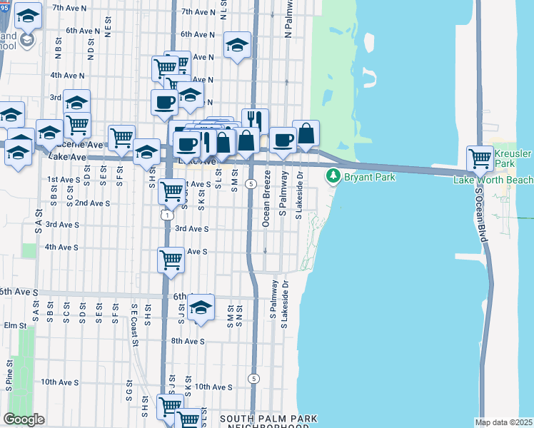 map of restaurants, bars, coffee shops, grocery stores, and more near 215 South Federal Highway in Lake Worth