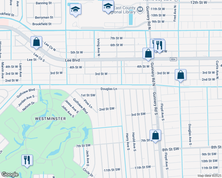 map of restaurants, bars, coffee shops, grocery stores, and more near 4602 Douglas Lane in Lehigh Acres