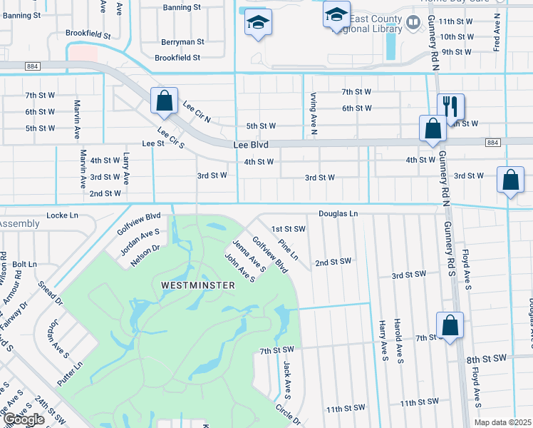 map of restaurants, bars, coffee shops, grocery stores, and more near 4738 Douglas Lane in Lehigh Acres