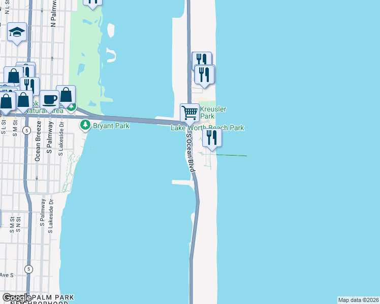 map of restaurants, bars, coffee shops, grocery stores, and more near 3501 South Ocean Boulevard in Palm Beach