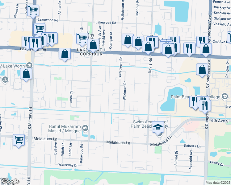 map of restaurants, bars, coffee shops, grocery stores, and more near 3780 Gladys Court in Lake Worth