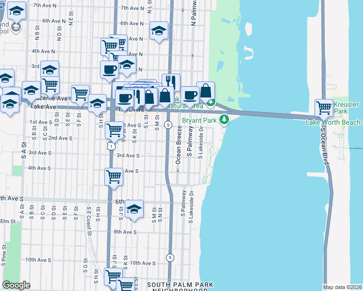 map of restaurants, bars, coffee shops, grocery stores, and more near 215 South Federal Highway in Lake Worth
