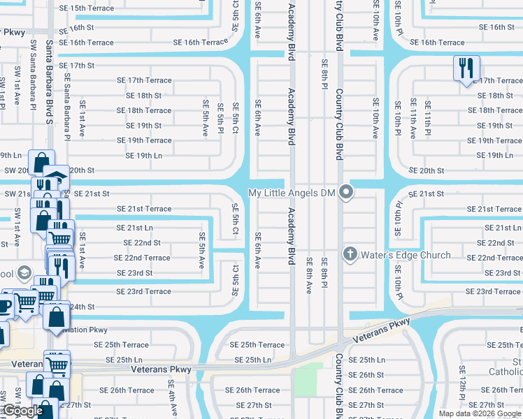 map of restaurants, bars, coffee shops, grocery stores, and more near 601 Southeast 21st Terrace in Cape Coral