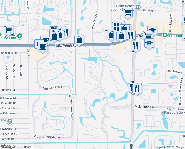 map of restaurants, bars, coffee shops, grocery stores, and more near 4389 Trevi Court in Greenacres