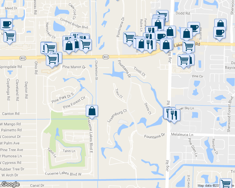 map of restaurants, bars, coffee shops, grocery stores, and more near 4389 Trevi Court in Greenacres