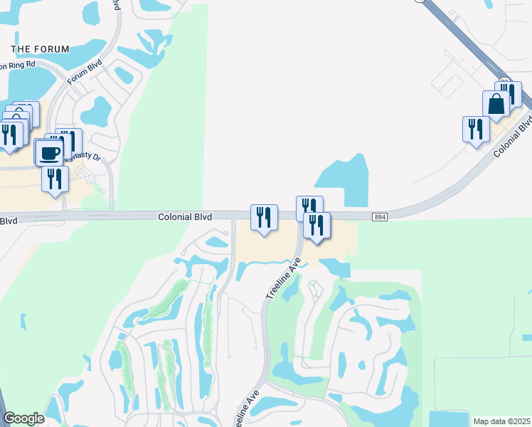 map of restaurants, bars, coffee shops, grocery stores, and more near 10580 Colonial Boulevard in Fort Myers