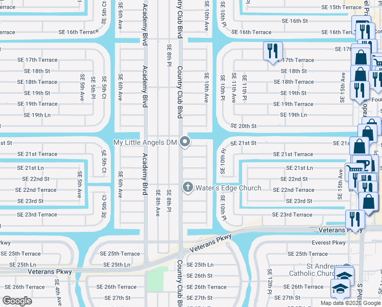 map of restaurants, bars, coffee shops, grocery stores, and more near 911 Southeast 21st Terrace in Cape Coral
