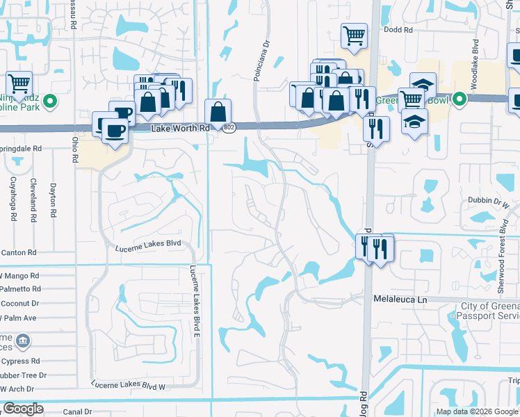 map of restaurants, bars, coffee shops, grocery stores, and more near 4349 Trevi Court in Lake Worth