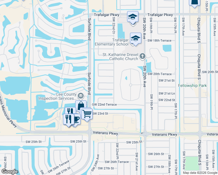 map of restaurants, bars, coffee shops, grocery stores, and more near 2223 Southwest 21st Terrace in Cape Coral