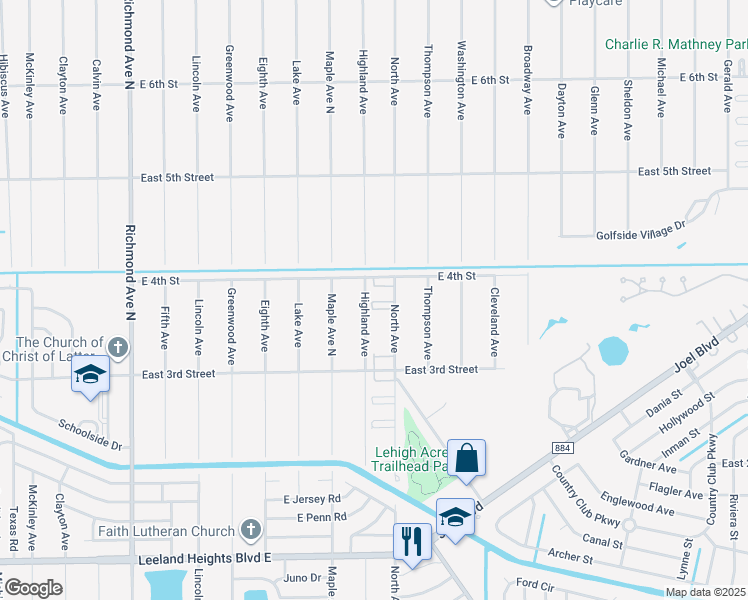 map of restaurants, bars, coffee shops, grocery stores, and more near 317 Highland Avenue in Lehigh Acres
