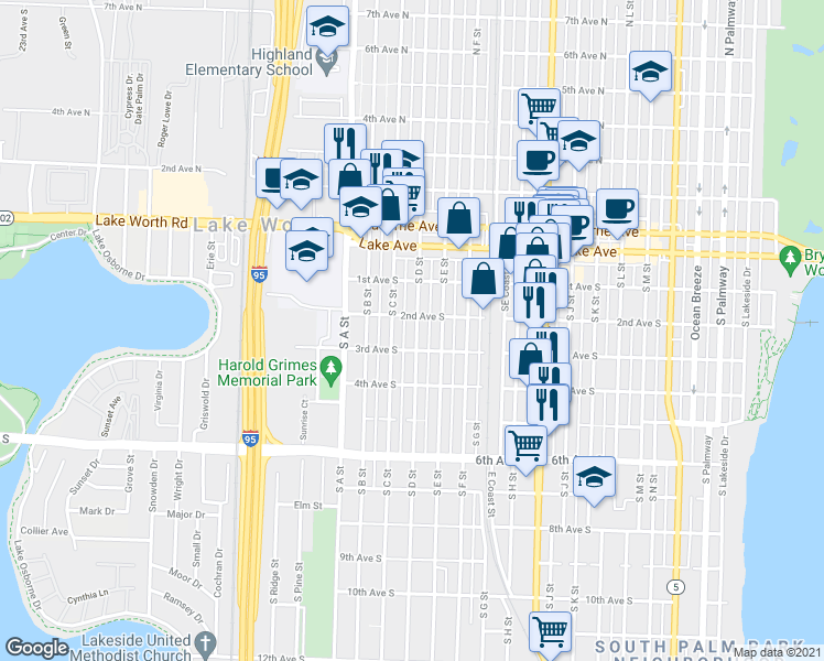 map of restaurants, bars, coffee shops, grocery stores, and more near 213 South D Street in Lake Worth