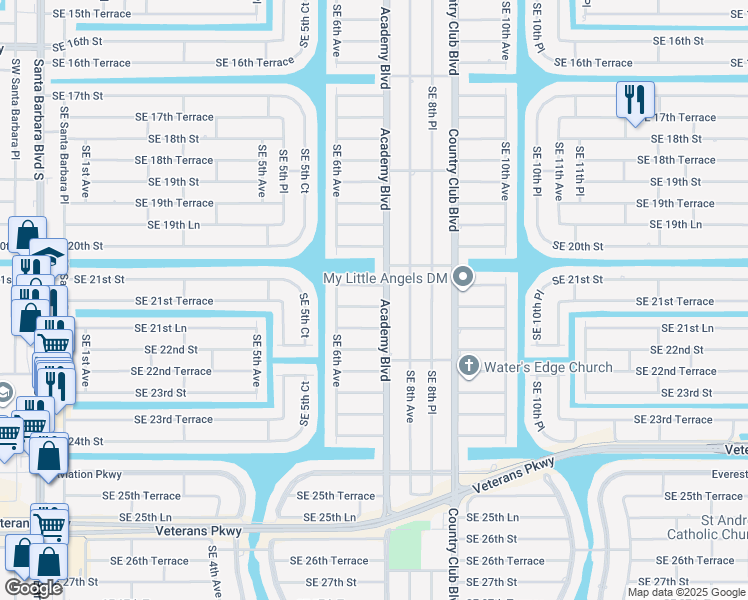 map of restaurants, bars, coffee shops, grocery stores, and more near 623 Southeast 21st Terrace in Cape Coral