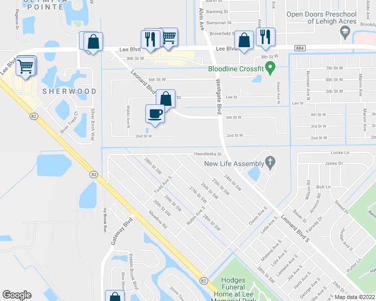map of restaurants, bars, coffee shops, grocery stores, and more near 2500 Hawalaska Street in Lehigh Acres