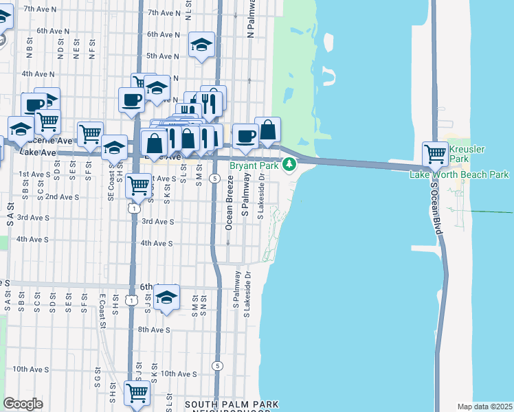 map of restaurants, bars, coffee shops, grocery stores, and more near 206 South Palmway in Lake Worth