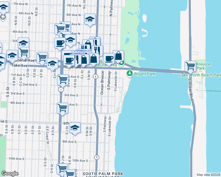 map of restaurants, bars, coffee shops, grocery stores, and more near 206 South Palmway in Lake Worth