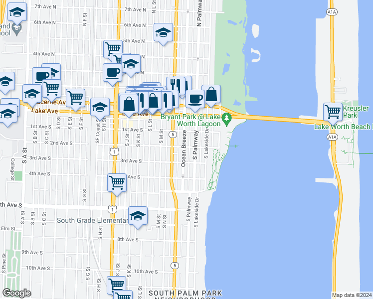 map of restaurants, bars, coffee shops, grocery stores, and more near 215 South Federal Highway in Lake Worth
