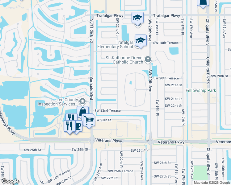 map of restaurants, bars, coffee shops, grocery stores, and more near 2223 Southwest 21st Terrace in Cape Coral