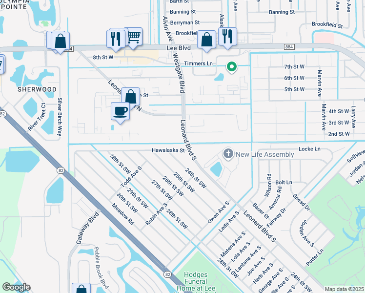 map of restaurants, bars, coffee shops, grocery stores, and more near 2 Bond Avenue South in Lehigh Acres