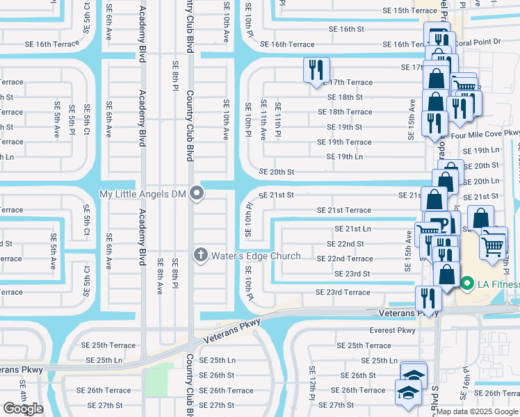 map of restaurants, bars, coffee shops, grocery stores, and more near 2102 Southeast 11th Avenue in Cape Coral