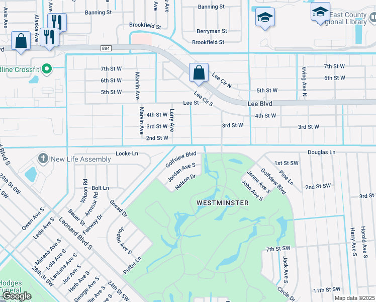 map of restaurants, bars, coffee shops, grocery stores, and more near 4780 Golfview Boulevard in Lehigh Acres
