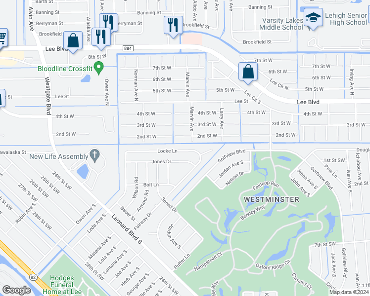 map of restaurants, bars, coffee shops, grocery stores, and more near 5018 Locke Lane in Lehigh Acres